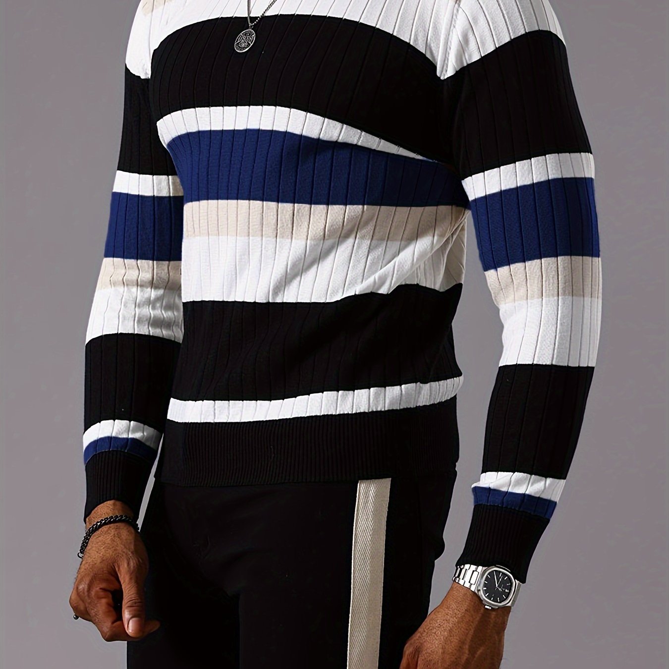 Men's Casual Striped Color Block Long Sleeve Knit Pullover - Round Neck, Machine Washable, Striped, Round Neck, Long Sleeve, Knit Sweater