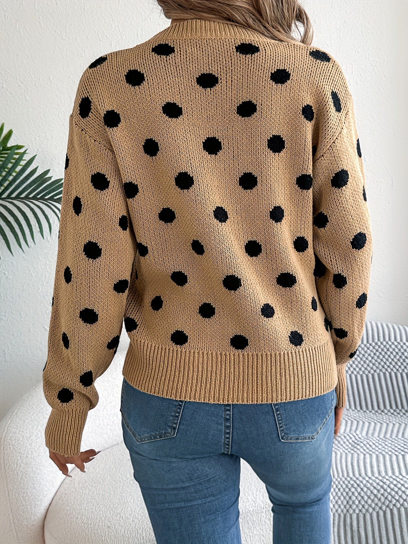 Women's Autumn Winter Knit Long Sleeve Crew Neck Sweater With Dot Pattern, Soft Acrylic Fabric, Elegant Casual Wear